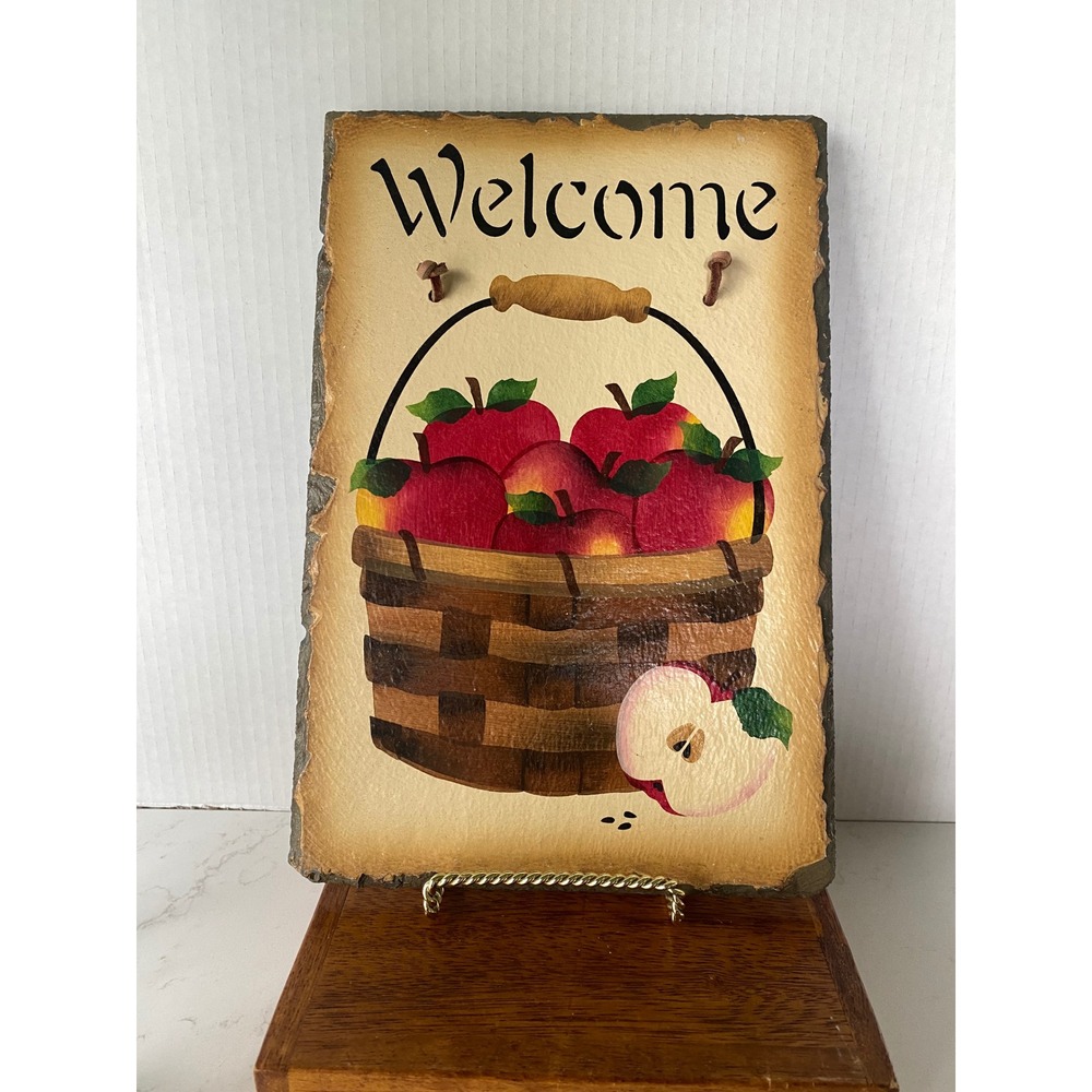 Vintage Hand Painted Slate Welcome Sign Apple Basket Rustic Farmhouse Wall Decor